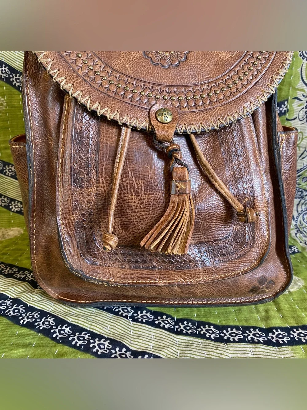 Patricia Nash Distressed Cognac Jovanna Embossed Leather Backpack Western Boho